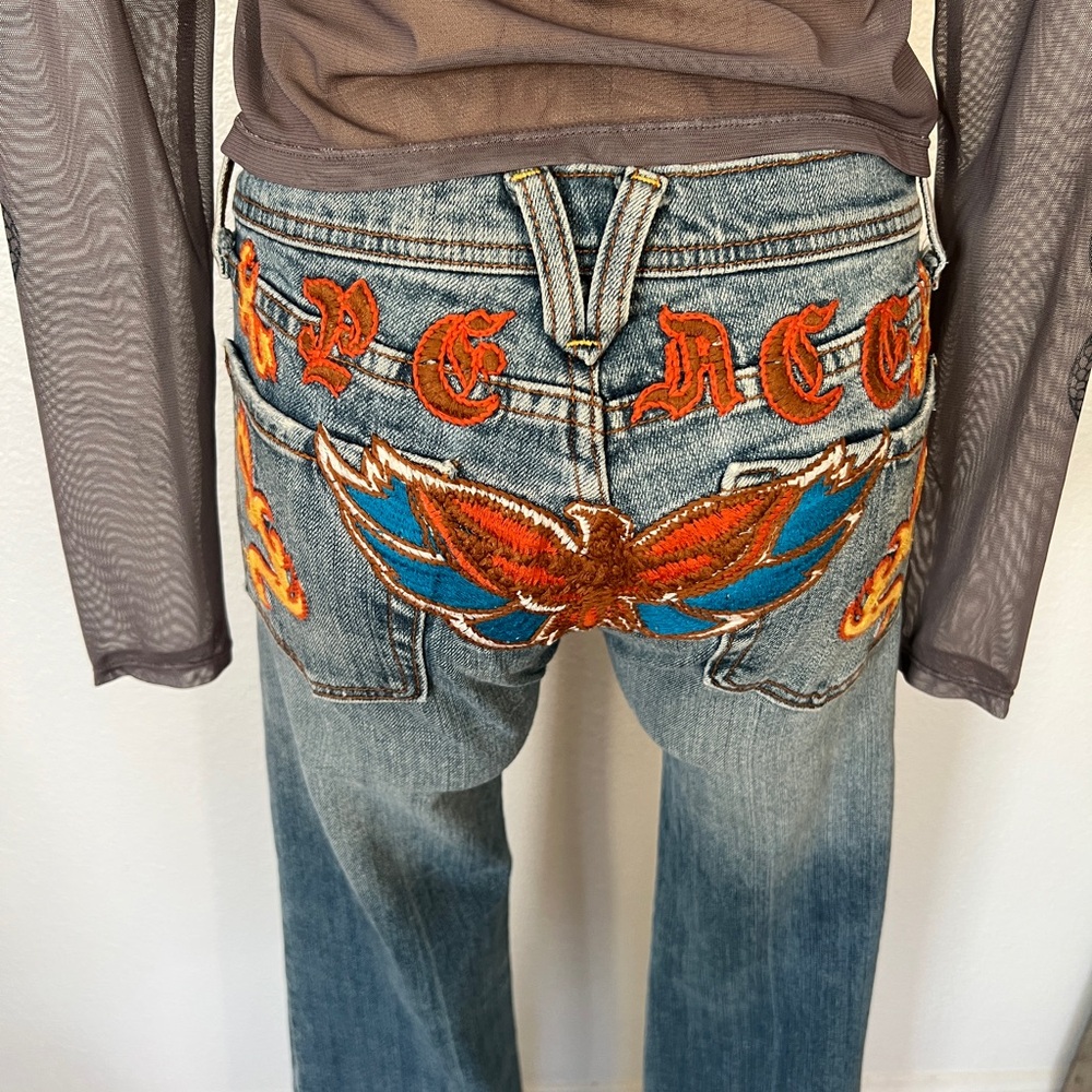 Miss me Embroidered PEACE Wing Back Jeans in Denim with Orange & Blue Accents